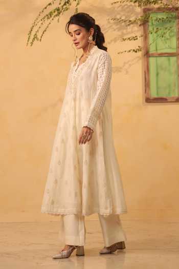 Label Niti Bothra_Ivory Silk, Chanderi, Tencel Embroidery, Pearls Anarkali Set _Online_at_Aza_Fashions