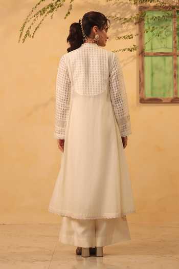 Shop_Label Niti Bothra_Ivory Silk, Chanderi, Tencel Embroidery, Pearls Anarkali Set _at_Aza_Fashions