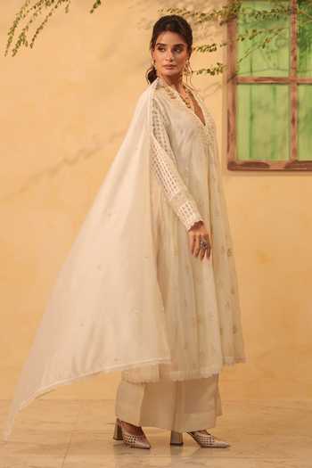 Shop_Label Niti Bothra_Ivory Silk, Chanderi, Tencel Embroidery, Pearls Anarkali Set _Online_at_Aza_Fashions