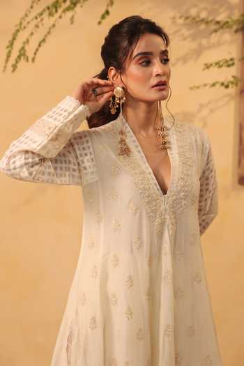 Label Niti Bothra_Ivory Silk, Chanderi, Tencel Embroidery, Pearls Anarkali Set _at_Aza_Fashions