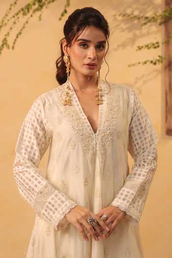 Shop_Label Niti Bothra_Ivory Silk, Chanderi, Tencel Embroidery, Pearls Anarkali Set 