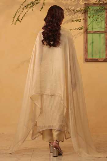 Shop_Label Niti Bothra_Beige Silk, Chanderi, Tencel Pearls, Applique Yoke Embroidered Kurta And Pant Set _at_Aza_Fashions