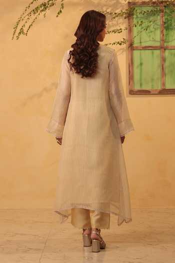 Label Niti Bothra_Beige Silk, Chanderi, Tencel Pearls, Applique Yoke Embroidered Kurta And Pant Set _Online_at_Aza_Fashions