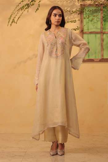 Shop_Label Niti Bothra_Beige Silk, Chanderi, Tencel Pearls, Applique Yoke Embroidered Kurta And Pant Set _Online_at_Aza_Fashions