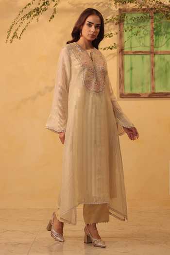 Label Niti Bothra_Beige Silk, Chanderi, Tencel Pearls, Applique Yoke Embroidered Kurta And Pant Set _at_Aza_Fashions