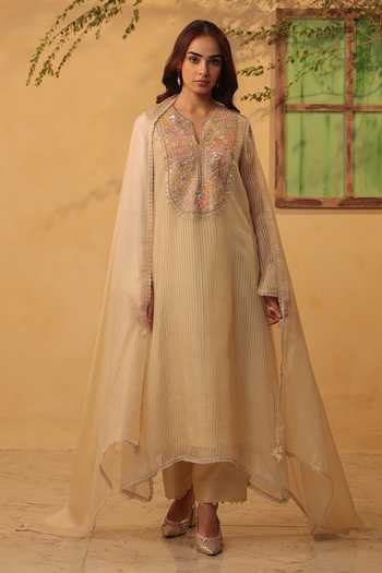 Shop_Label Niti Bothra_Beige Silk, Chanderi, Tencel Pearls, Applique Yoke Embroidered Kurta And Pant Set 