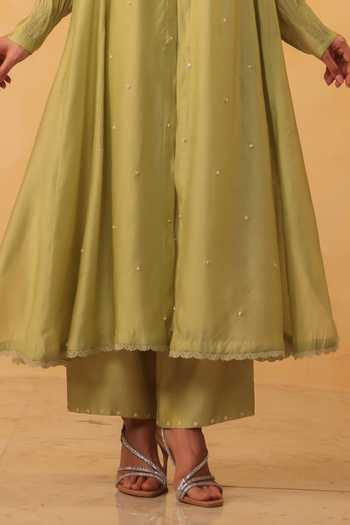 Label Niti Bothra_Green Silk, Chanderi, Tencel Embroidery, Pearls, Applique Kurta And Pant Set _Online_at_Aza_Fashions