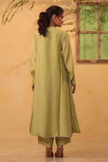 Shop_Label Niti Bothra_Green Silk, Chanderi, Tencel Embroidery, Pearls, Applique Kurta And Pant Set _at_Aza_Fashions