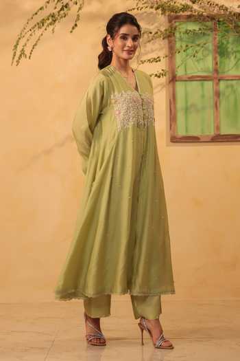 Buy_Label Niti Bothra_Green Silk, Chanderi, Tencel Embroidery, Pearls, Applique Kurta And Pant Set _Online_at_Aza_Fashions