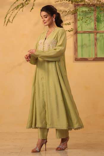 Shop_Label Niti Bothra_Green Silk, Chanderi, Tencel Embroidery, Pearls, Applique Kurta And Pant Set _Online_at_Aza_Fashions