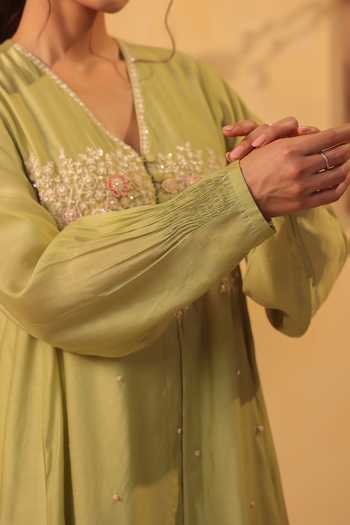Label Niti Bothra_Green Silk, Chanderi, Tencel Embroidery, Pearls, Applique Kurta And Pant Set _at_Aza_Fashions