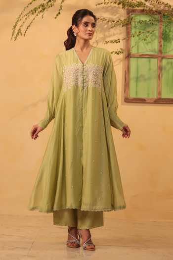 Buy_Label Niti Bothra_Green Silk, Chanderi, Tencel Embroidery, Pearls, Applique Kurta And Pant Set _at_Aza_Fashions