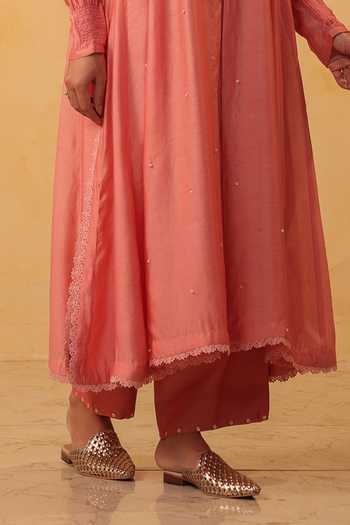 Label Niti Bothra_Pink Silk, Chanderi, Tencel Embroidery, Pearls, Applique Kurta And Pant Set _Online_at_Aza_Fashions