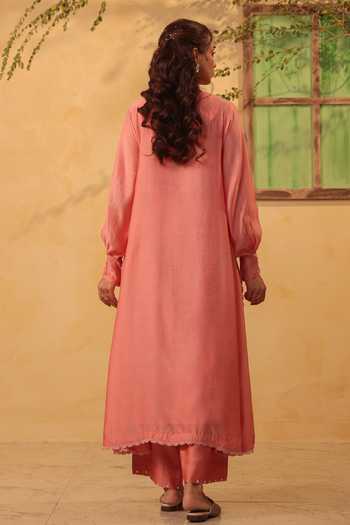 Shop_Label Niti Bothra_Pink Silk, Chanderi, Tencel Embroidery, Pearls, Applique Kurta And Pant Set _at_Aza_Fashions