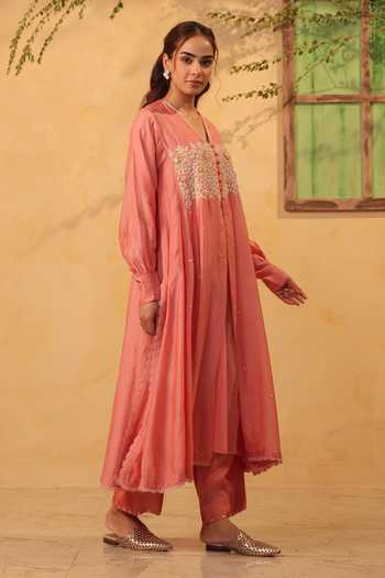 Buy_Label Niti Bothra_Pink Silk, Chanderi, Tencel Embroidery, Pearls, Applique Kurta And Pant Set _Online_at_Aza_Fashions