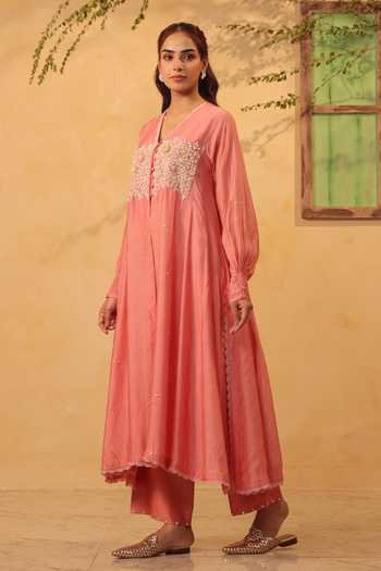 Shop_Label Niti Bothra_Pink Silk, Chanderi, Tencel Embroidery, Pearls, Applique Kurta And Pant Set _Online_at_Aza_Fashions