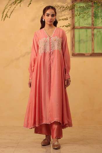Label Niti Bothra_Pink Silk, Chanderi, Tencel Embroidery, Pearls, Applique Kurta And Pant Set _at_Aza_Fashions