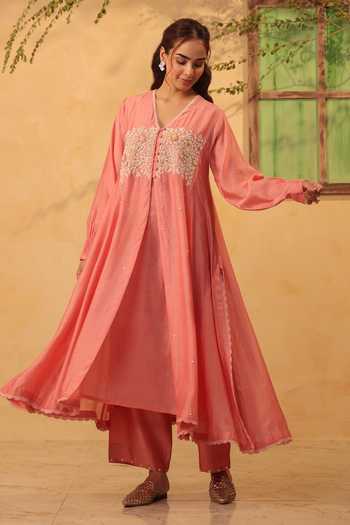 Buy_Label Niti Bothra_Pink Silk, Chanderi, Tencel Embroidery, Pearls, Applique Kurta And Pant Set 