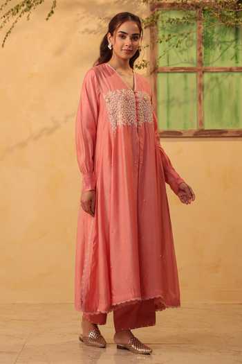 Shop_Label Niti Bothra_Pink Silk, Chanderi, Tencel Embroidery, Pearls, Applique Kurta And Pant Set 