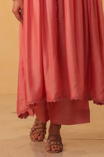 Label Niti Bothra_Pink Silk, Chanderi, Tencel Lace Collared, Yes Pintuck Kurta And Pant Set _Online_at_Aza_Fashions