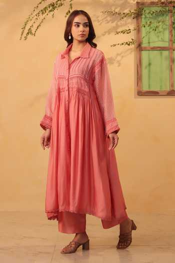Buy_Label Niti Bothra_Pink Silk, Chanderi, Tencel Lace Collared, Yes Pintuck Kurta And Pant Set _Online_at_Aza_Fashions