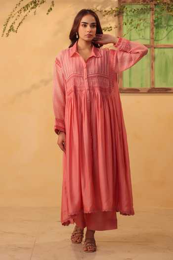 Shop_Label Niti Bothra_Pink Silk, Chanderi, Tencel Lace Collared, Yes Pintuck Kurta And Pant Set _Online_at_Aza_Fashions