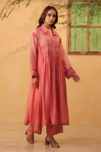 Label Niti Bothra_Pink Silk, Chanderi, Tencel Lace Collared, Yes Pintuck Kurta And Pant Set _at_Aza_Fashions