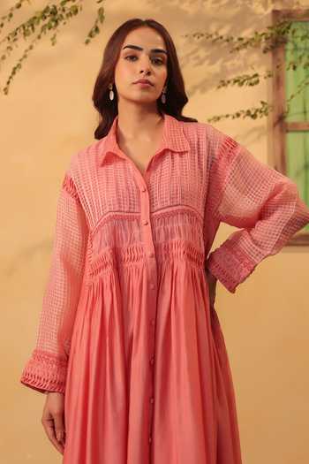 Shop_Label Niti Bothra_Pink Silk, Chanderi, Tencel Lace Collared, Yes Pintuck Kurta And Pant Set 