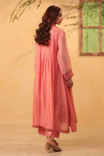 Shop_Label Niti Bothra_Pink Silk, Chanderi, Tencel Lace Collared, Yes Pintuck Kurta And Pant Set _at_Aza_Fashions