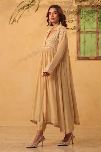 Label Niti Bothra_Beige Silk, Chanderi, Tencel Lace Collared, Yes Pintuck Kurta And Pant Set _Online_at_Aza_Fashions