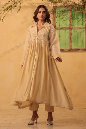 Shop_Label Niti Bothra_Beige Silk, Chanderi, Tencel Lace Collared, Yes Pintuck Kurta And Pant Set _at_Aza_Fashions