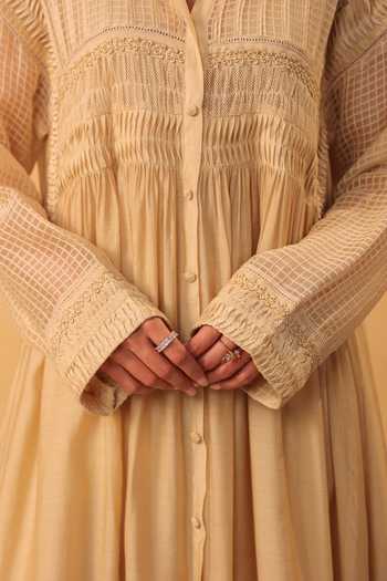 Shop_Label Niti Bothra_Beige Silk, Chanderi, Tencel Lace Collared, Yes Pintuck Kurta And Pant Set _Online_at_Aza_Fashions