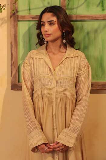 Label Niti Bothra_Beige Silk, Chanderi, Tencel Lace Collared, Yes Pintuck Kurta And Pant Set _at_Aza_Fashions