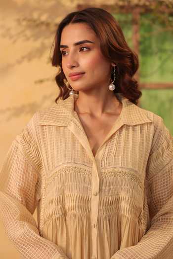 Shop_Label Niti Bothra_Beige Silk, Chanderi, Tencel Lace Collared, Yes Pintuck Kurta And Pant Set 