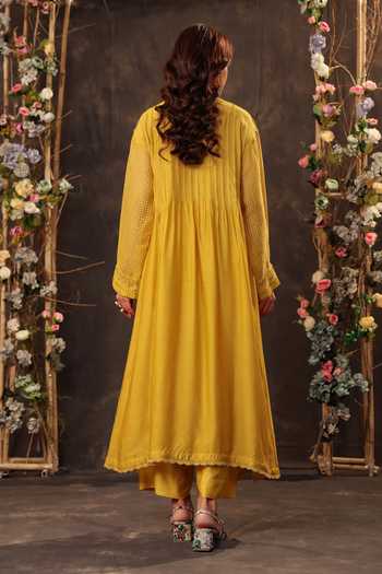 Shop_Label Niti Bothra_Yellow Silk, Chanderi, Tencel Lace Collared Pintuck Kurta And Pant Set _at_Aza_Fashions