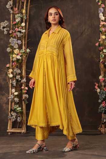 Shop_Label Niti Bothra_Yellow Silk, Chanderi, Tencel Lace Collared Pintuck Kurta And Pant Set _Online_at_Aza_Fashions