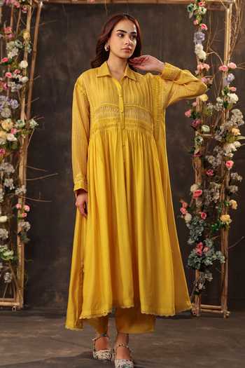 Label Niti Bothra_Yellow Silk, Chanderi, Tencel Lace Collared Pintuck Kurta And Pant Set _at_Aza_Fashions