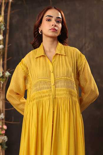 Shop_Label Niti Bothra_Yellow Silk, Chanderi, Tencel Lace Collared Pintuck Kurta And Pant Set 