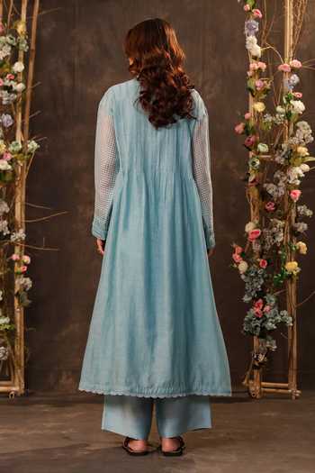 Shop_Label Niti Bothra_Blue Silk, Chanderi, Tencel Lace Collared, Yes Light Pintuck Kurta And Pant Set _at_Aza_Fashions