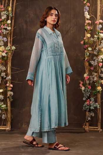 Label Niti Bothra_Blue Silk, Chanderi, Tencel Lace Collared, Yes Light Pintuck Kurta And Pant Set _Online_at_Aza_Fashions