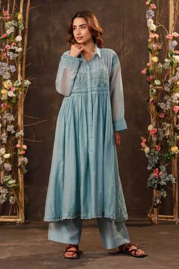Buy_Label Niti Bothra_Blue Silk, Chanderi, Tencel Lace Collared, Yes Light Pintuck Kurta And Pant Set _Online_at_Aza_Fashions