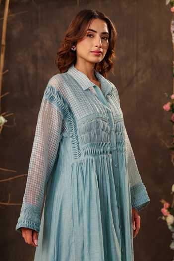 Shop_Label Niti Bothra_Blue Silk, Chanderi, Tencel Lace Collared, Yes Light Pintuck Kurta And Pant Set _Online_at_Aza_Fashions