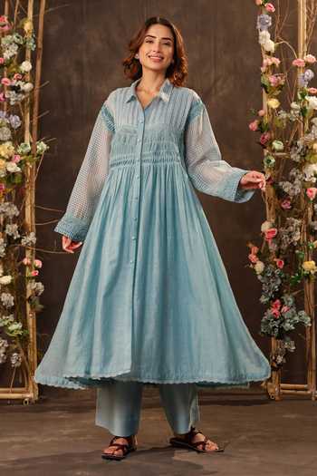 Label Niti Bothra_Blue Silk, Chanderi, Tencel Lace Collared, Yes Light Pintuck Kurta And Pant Set _at_Aza_Fashions