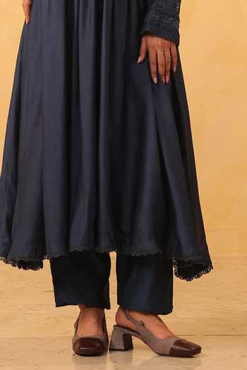 Label Niti Bothra_Blue Silk, Chanderi, Tencel Lace Collared, Yes Dark Pintuck Kurta And Pant Set _Online_at_Aza_Fashions