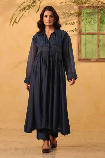 Buy_Label Niti Bothra_Blue Silk, Chanderi, Tencel Lace Collared, Yes Dark Pintuck Kurta And Pant Set _Online_at_Aza_Fashions