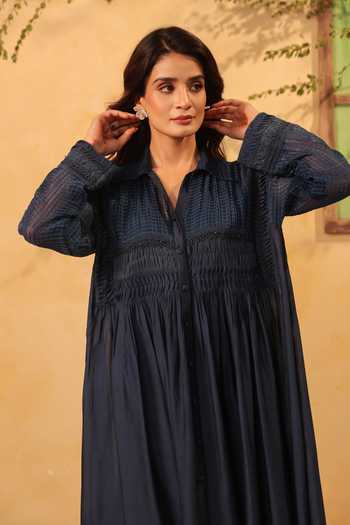 Shop_Label Niti Bothra_Blue Silk, Chanderi, Tencel Lace Collared, Yes Dark Pintuck Kurta And Pant Set _Online_at_Aza_Fashions