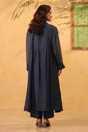 Shop_Label Niti Bothra_Blue Silk, Chanderi, Tencel Lace Collared, Yes Dark Pintuck Kurta And Pant Set _at_Aza_Fashions