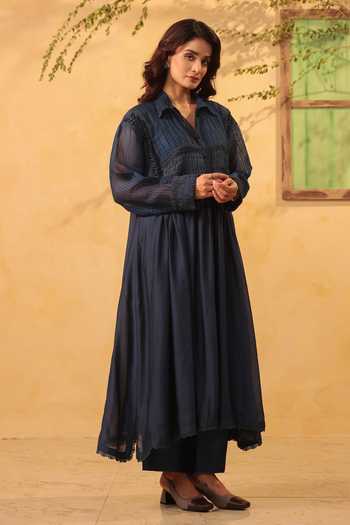 Label Niti Bothra_Blue Silk, Chanderi, Tencel Lace Collared, Yes Dark Pintuck Kurta And Pant Set _at_Aza_Fashions
