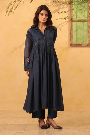 Buy_Label Niti Bothra_Blue Silk, Chanderi, Tencel Lace Collared, Yes Dark Pintuck Kurta And Pant Set 