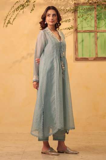 Label Niti Bothra_Blue Silk, Chanderi, Tencel Applique, Embroidery Light Tie Up Kurta And Pant Set _Online_at_Aza_Fashions